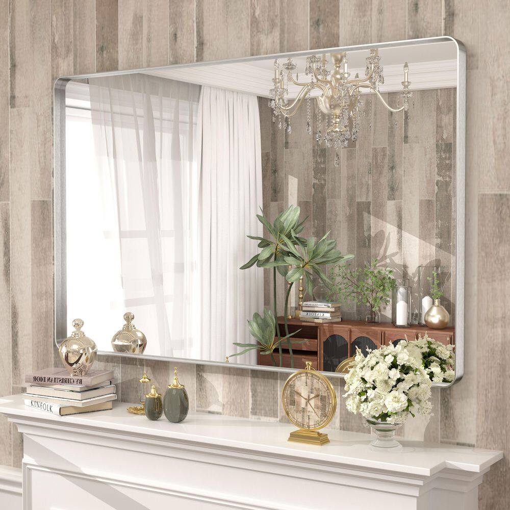 48 in. H x 32 in. W Rectangular Tempered Glass and Aluminum Alloy Framed Wall Bathroom Vanity Mirror in Brushed Silver price history on PriceWatchPro