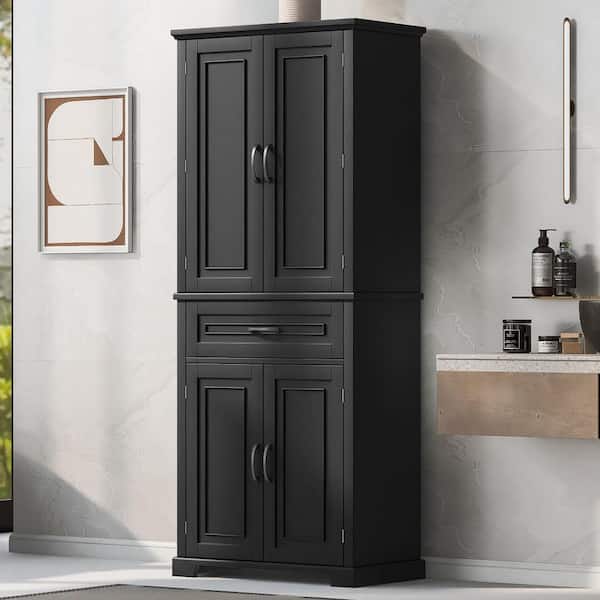 BAYA 30 in. W x 16 in. D x 72 in. H Black Wooden Storage Linen Cabinet with Four Doors for Bathroom