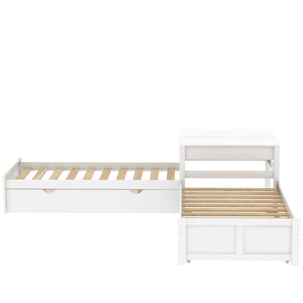 117.3 in Twin Size L-shaped Platform Bed with Two Trundles and Built-in ...