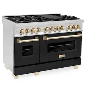 Autograph Edition 48 in. 7-Burner Double Oven Dual Fuel Range with Matte Black Door and Polished Gold Accents