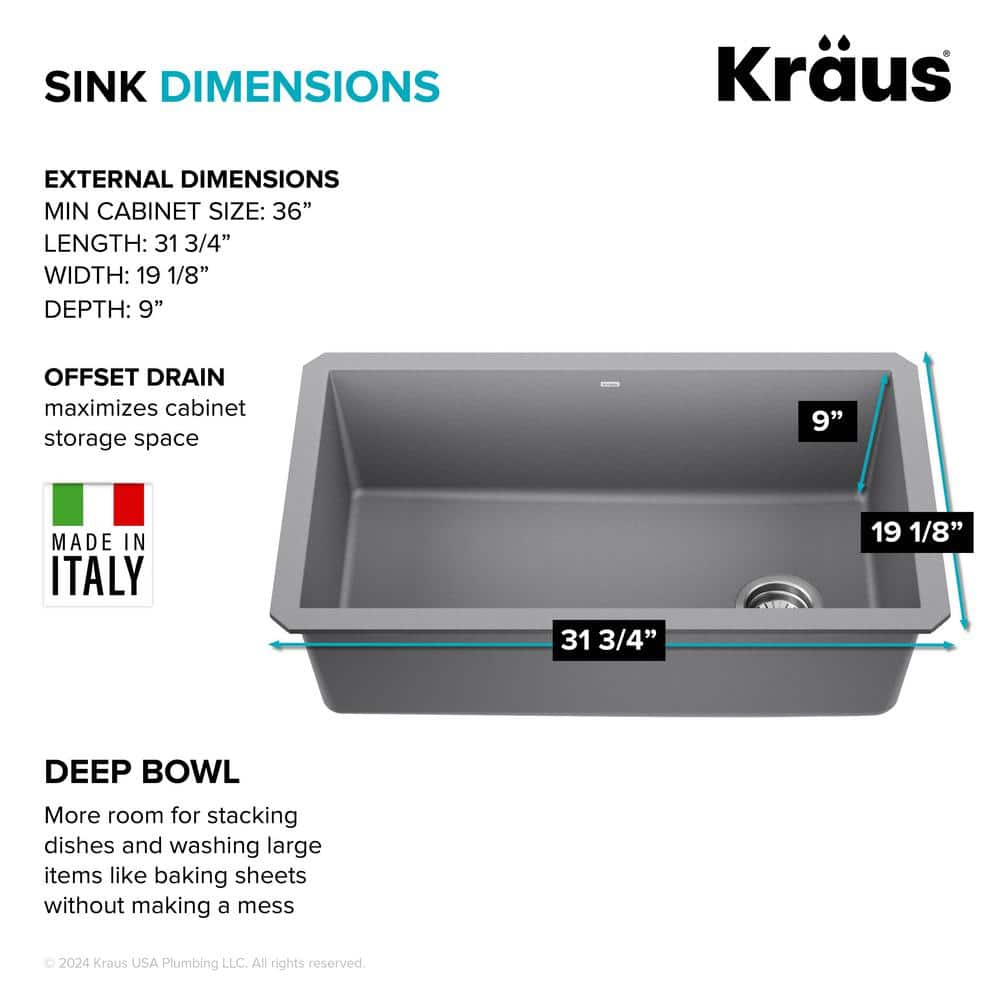 Gray 32-inch Undermount Single Bowl Granite Kitchen Sink