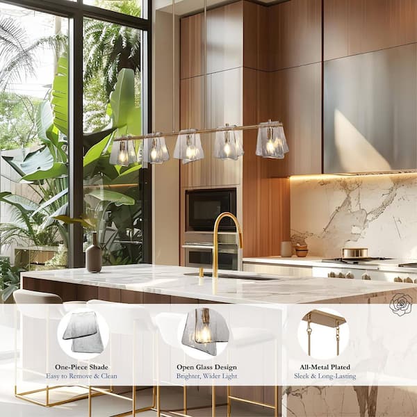 Afmean 41.5 in. 5-Light Plated Brass Island Chandelier with Textured Gray Glass for Kitchen Dining Room Modern Pendant