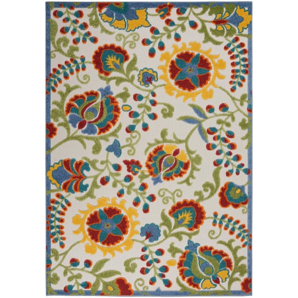 Nourison Aloha Ivory/Multicolor 4 ft. x 6 ft. Floral Modern Indoor/Outdoor Patio Area Rug