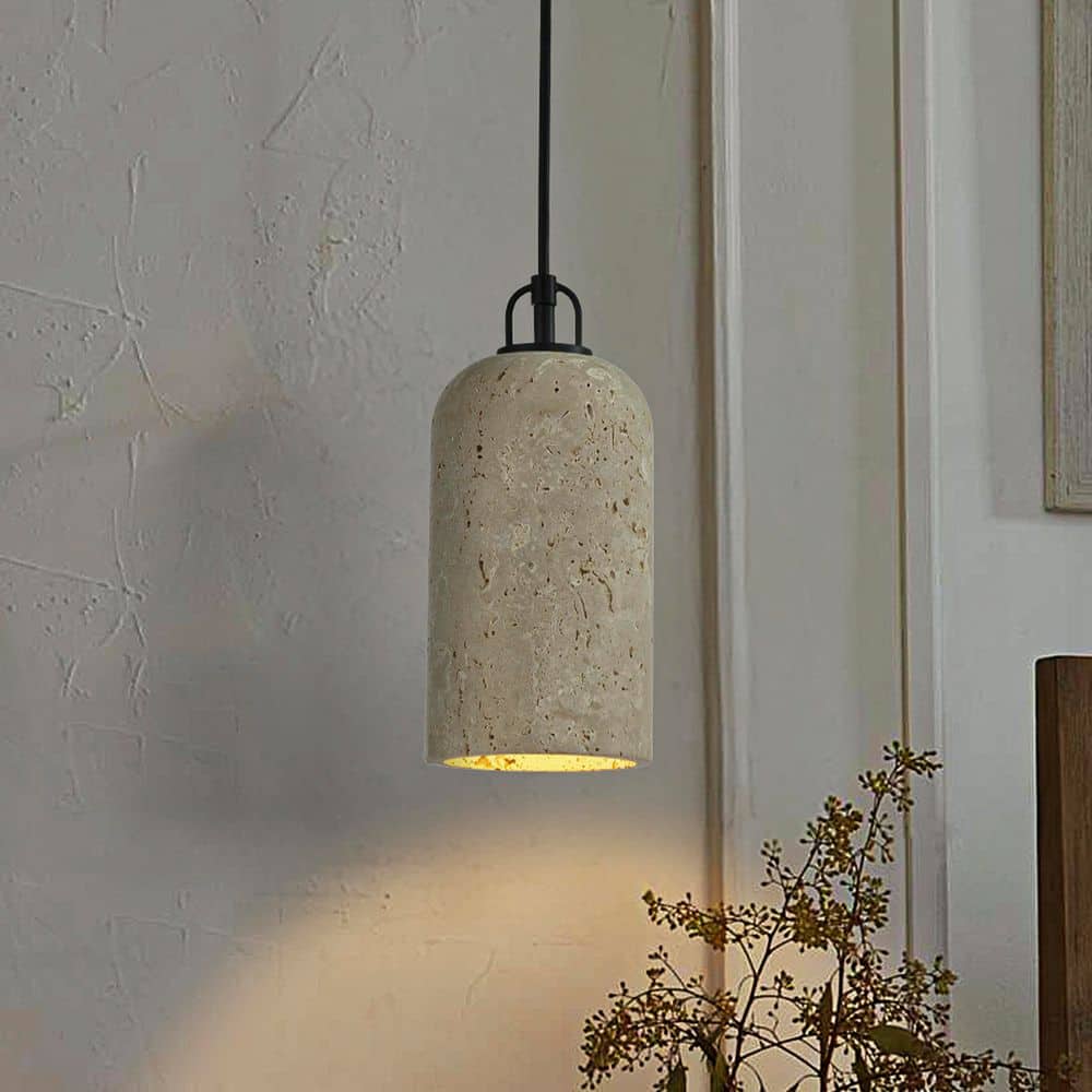 1-Light 5 in. Modern Black Farmhouse Natural Travertine Single Pendant Ligh