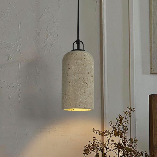 ALOA DECOR 1-Light 5 in. Modern Black Farmhouse Natural Travertine Single Pendant Light Coastal Cylinder Hanging Light for Bedroom