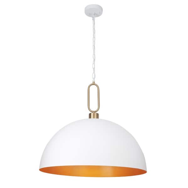 1-Light White and Gold Dome Hanging Pendant Light Chandelier Lighting Fixture with Metal Cover for Kitchen Island