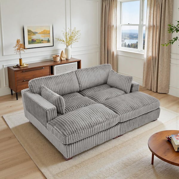 82.72 in. Modern Square Arm Faux Rabbit Fur Fabric Upholstered Sectional Sofa in. Light Gray