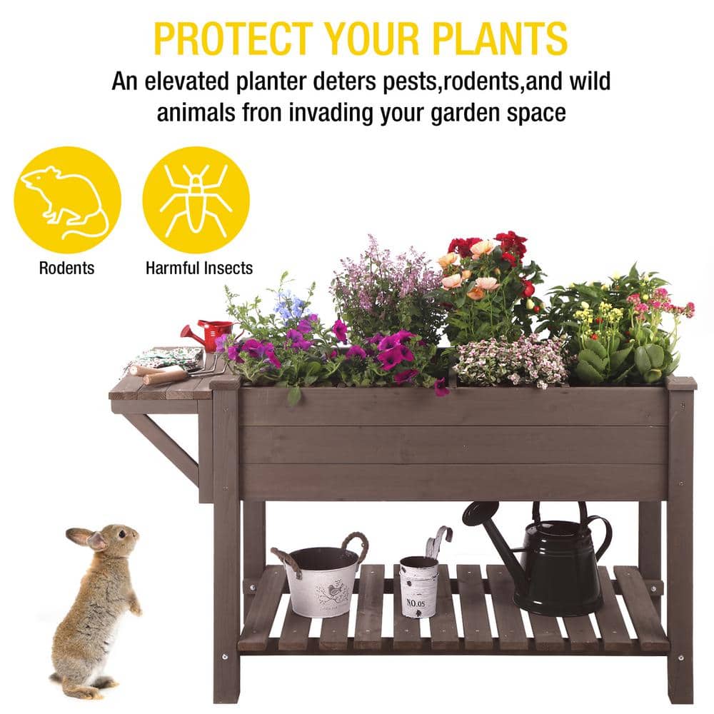 Brown Wooden Raised Garden Bed with Storage Shelf