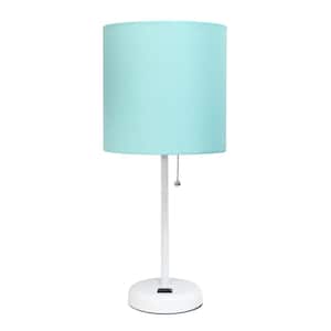 19.5 in. White Stick and Aqua Shade Contemporary Bedside Power Outlet Base Standard Metal Table Lamp with Fabric Shade