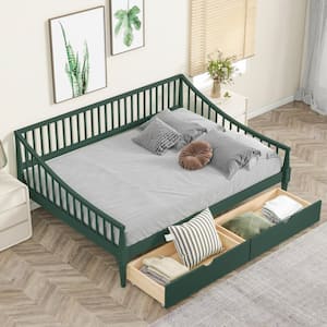 Green Wood Full Size Daybed with 2-Drawer, Vertical Strip Hollow Shaped Bedrails, Support Legs