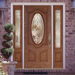 67.5 in.x81.625 in. Lakewood Brass 3/4 Oval Lite Stained Medium Oak Left-Hand Fiberglass Prehung Front Door w/Sidelites