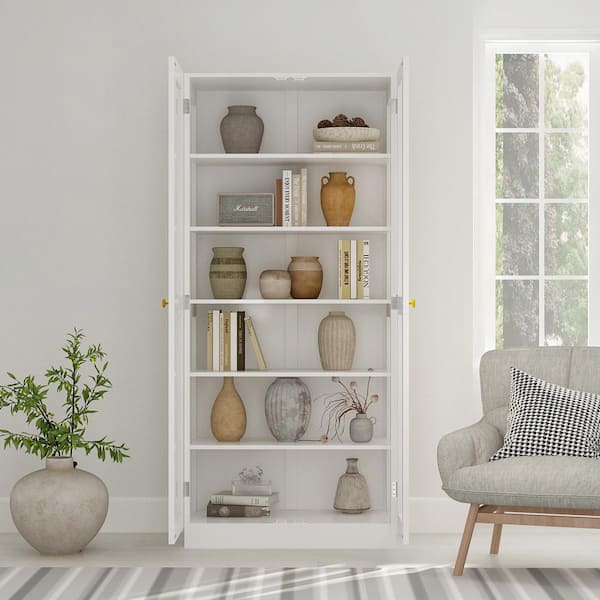 70.9 in. H White Wood 2-Glass Door Accent Cabinet with 6-Tier Shelves Kitchen Pantry Cupboard Storage Cabinet