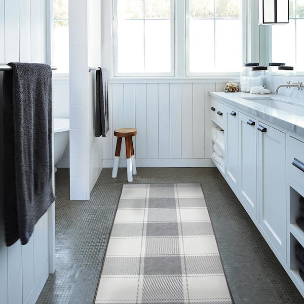 Buffalo Plaid Grey And White 2.5 ft. x 7 ft. Machine Washable Runner Rug