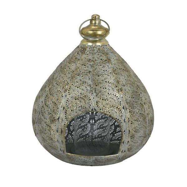 Benjara Gold Tabletop Lantern, Antique Shape, Glass Body, Gold Metal Frame