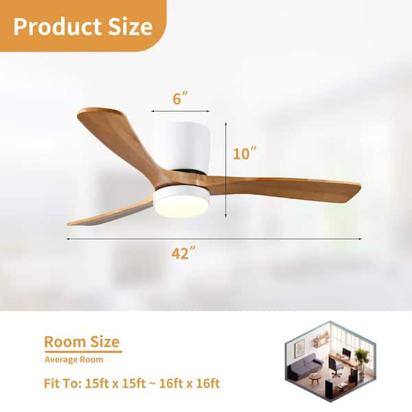 42 in. Integrated LED Indoor Flush Mount White/Oak Standard Ceiling Fan with Dimmable Light and Remote 6-Speed