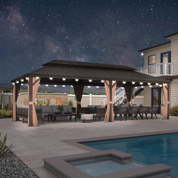 13 ft.x 20 ft.Bronze Patio Outdoor Gazebo for Backyard Hardtop Aluminum Frame with Hooks,Netting,Khaki Curtain,36 Lights