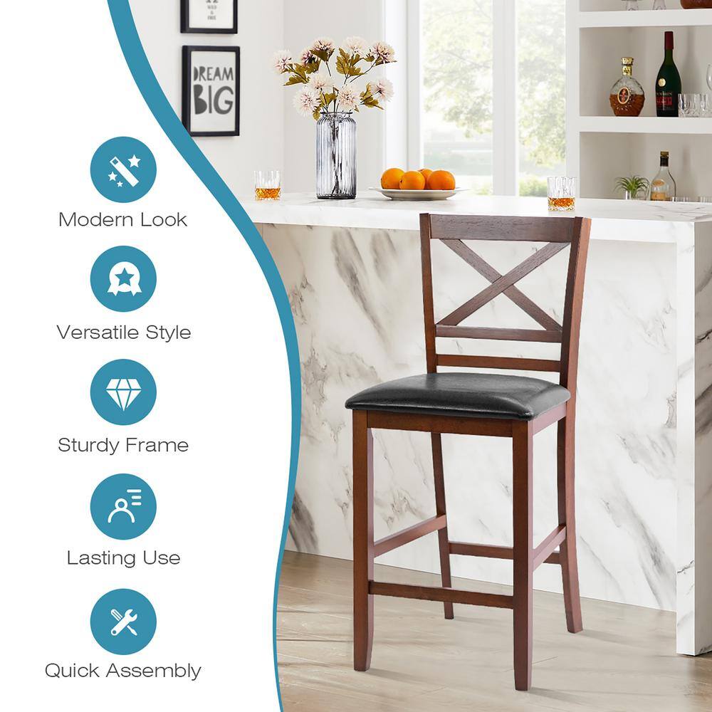 Elegant 25'' Black Leather & Glossy Walnut Wood Counter Stools, Set of 4
