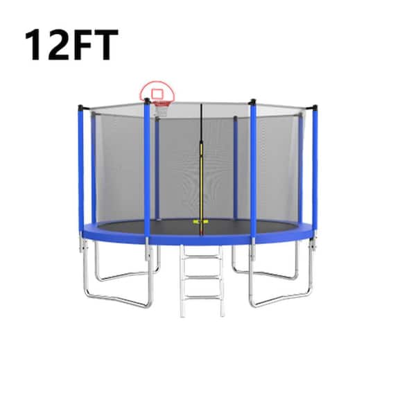 Unbranded 12 ft. Outdoor Trampoline with Basketball Hoop & Ball, Enclosure Net, Ladder for Kids & Adults for Back Yard, Blue