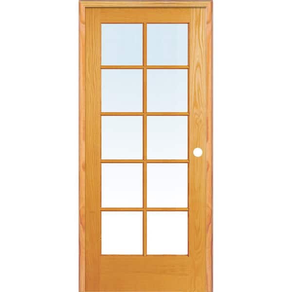 30 in. x 80 in. Left Handed Unfinished Pine Wood Clear Glass 10 Lite True Divided Single Prehung Interior Door