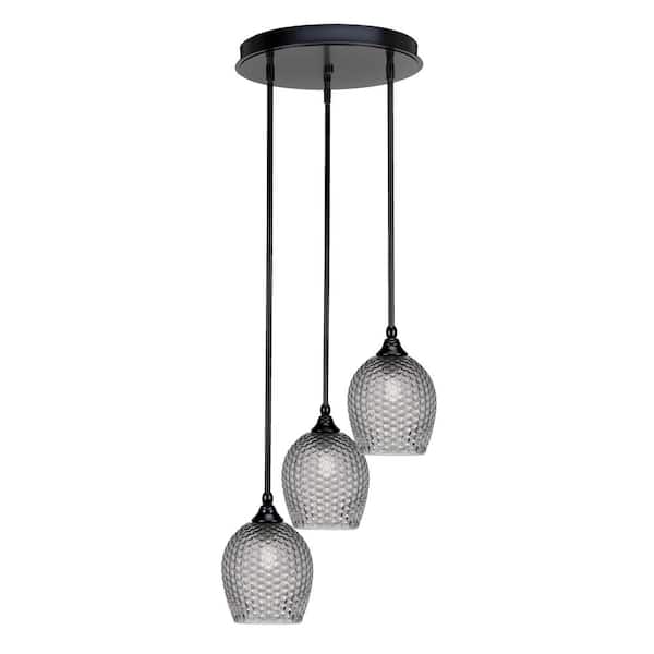 Unbranded Villa 60-Watt in. 3 Light Matte Black Stem Pendant Light with 7.5 in. Smoke Textured Glass Shade, No bulbs included