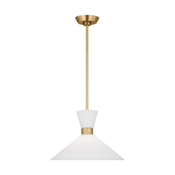 SCOTT LIVING Belcarra Medium 15 in. W x 10.125 in. H 1-Light Satin Brass Statement Pendant Light with Etched White Glass Shade
