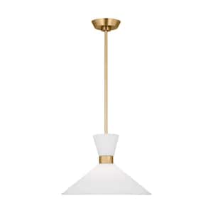 Belcarra Medium 15 in. W x 10.125 in. H 1-Light Satin Brass Statement Pendant Light with Etched White Glass Shade