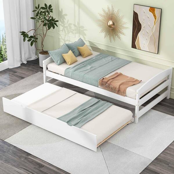 White Wood Frame Twin Size Platform Bed with Twin Size Trundle