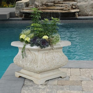 18 in. sq. Light Aged White Cast Stone Fiberglass Bombe Planter