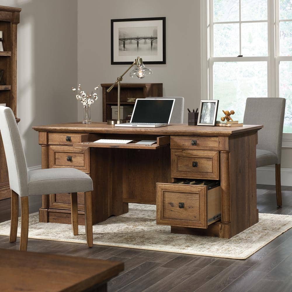 Vintage Oak Executive Desk with Drawers and Power Outlet