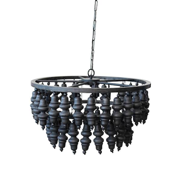 5-Lights Black Round Metal and Mango Wood Bead Chandelier