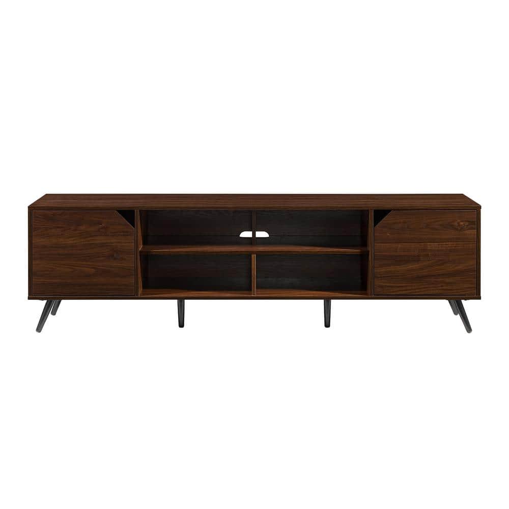 70" Dark Walnut Wood TV Stand with Cabinet and Shelves