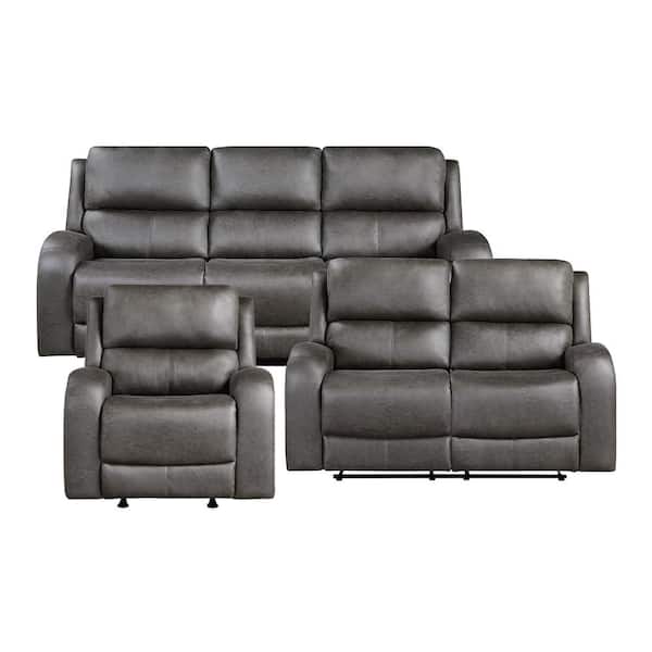Venture 84.5 in. W Round Arm Microfiber Rectangle 3-Piece Manual Double Reclining Sofa Set in Gray