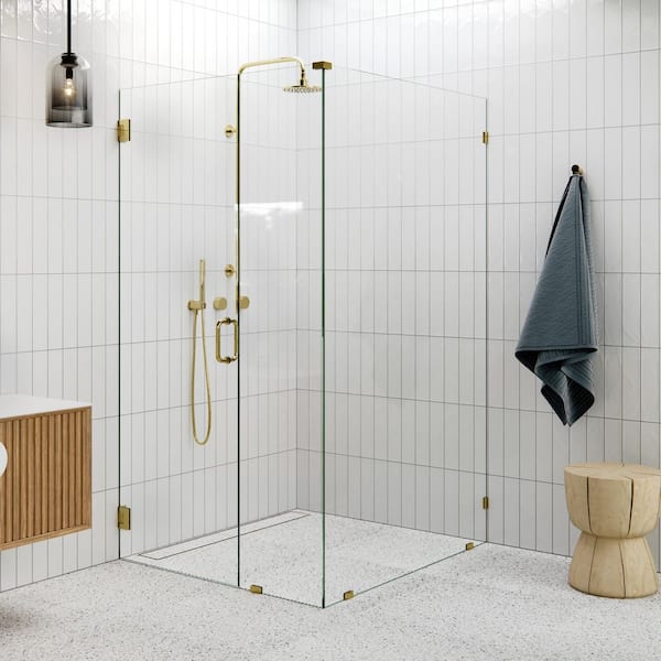 42 in. W x 47.5 in. D x 78 in. H Pivot Frameless Corner Shower Enclosure in Polished Brass Finish with Clear Glass