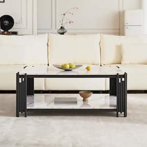 44.88 in. 2-Tier Black Rectangle Marble Coffee Table with Storage Shelf