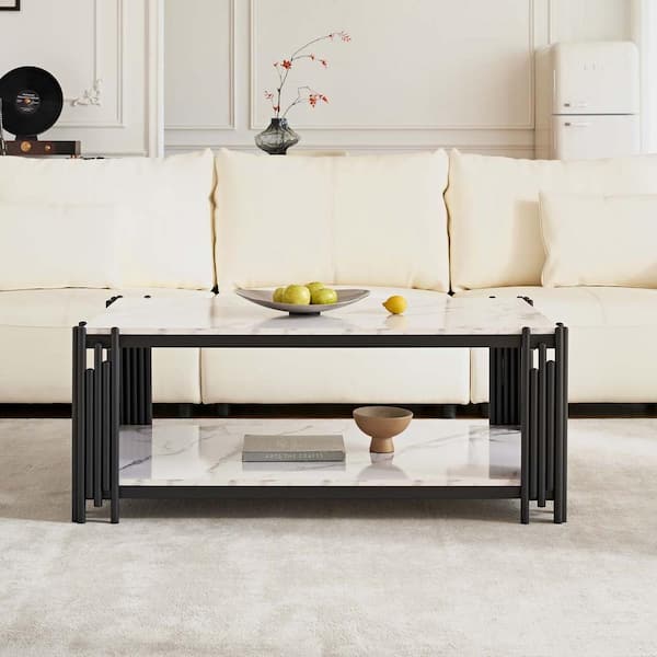 wetiny 44.88 in. 2-Tier Black Rectangle Marble Coffee Table with Storage Shelf