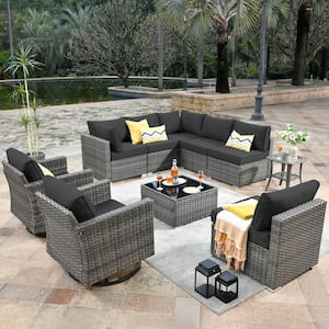 Sanibel Gray 10-Piece Wicker Outdoor Patio Conversation Sofa Set with Swivel Rocking Chairs and Black Cushions