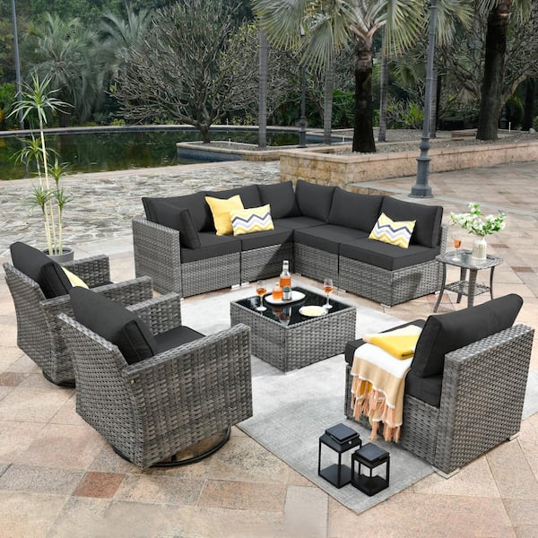 Toject Sanibel Gray 10-Piece Wicker Outdoor Patio Conversation Sofa Set with Swivel Rocking Chairs and Black Cushions