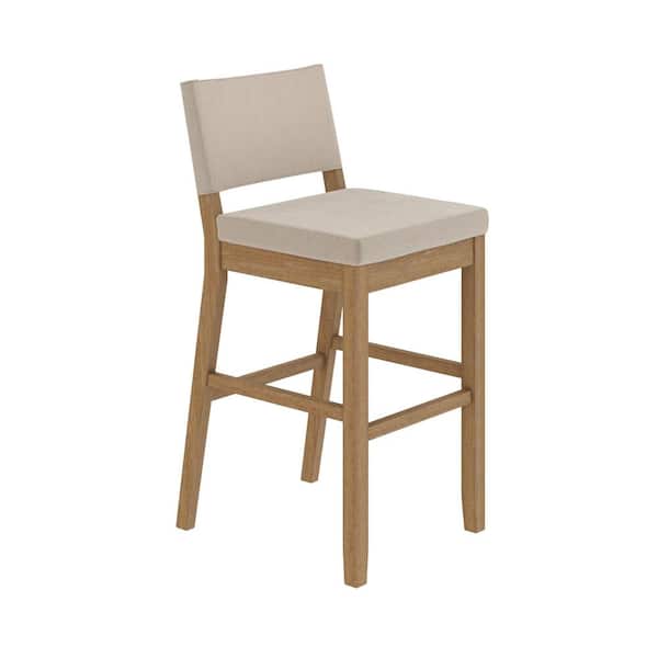 Linus 30 in. Modern Upholstered Bar Stool with Back and Solid Rubberwood Legs in a Wire-Brushed Brown Finish
