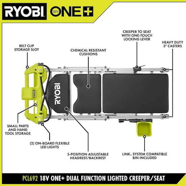 RYOBI - ONE+ 18V Cordless Automotive Dual Function 400 lb. Capacity, 800 Lumen Lighted Mechanic Garage Creeper Seat (Tool Only)