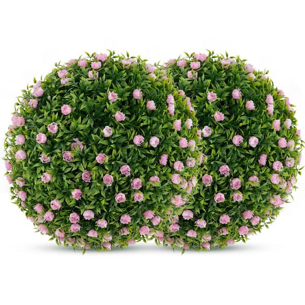 2-Pieces 1.2 ft. Green Artificial Boxwood Topiary Balls Tree UV Protected Indoor Outdoor with Pink Flowers
