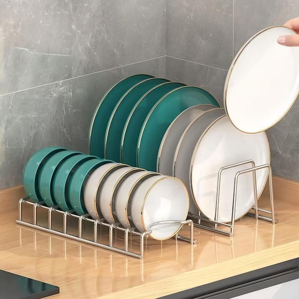 Stainless Steel Kitchen Plate and Bowl Organizer Drawer Organizer with Vertical Space-Saving Dual-Purpose Storage 2 Pack
