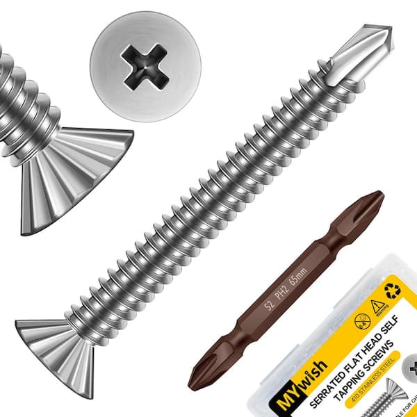 #8 x 1-1/4 in. Self-Drilling Flat Head Sheet Metal Screws (250-Pack), Silver 410 Stainless Steel
