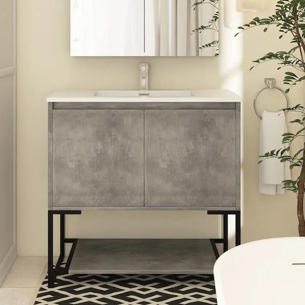 Boosicavelly 36 In. W X 19 In. D X 34 In. H Single Sink Freestanding Bath Vanity in Light Gray with White Resin Top