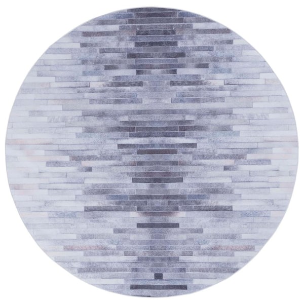 SAFAVIEH Faux Hide Ivory/Light Gray 6 ft. x 6 ft. Machine Washable Striped Abstract Distressed Round Area Rug