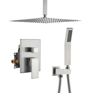 1-Spray 16 in. Square Ceiling-Mount Dual Shower Heads with Handheld Shower 2-Function with 2.5 GPM in Brushed Nickel