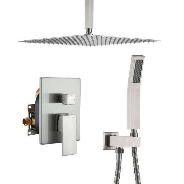 cadeninc 1-Spray 16 in. Square Ceiling-Mount Dual Shower Heads with Handheld Shower 2-Function with 2.5 GPM in Brushed Nickel