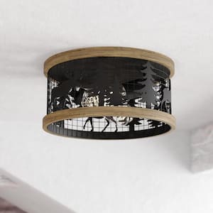 Kodiak 12 in. W Black Rustic Round Cage Flush Mount Ceiling Light Fixture Moose and Tree Motif