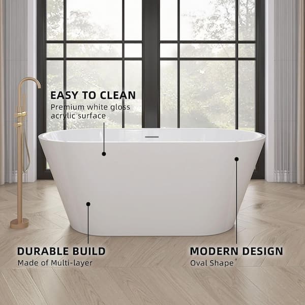 51 in. x 27.5 in. Acrylic Free Standing Tub Flatbottom Freestanding Soaking Bathtub with Chrome Removable Drain in White