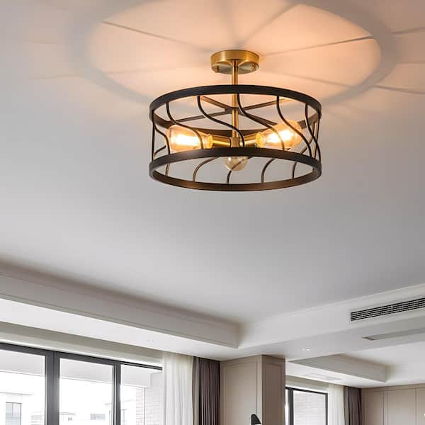 YANSUN 3-Light Black and Gold Semi Flush Mount Ceiling Light,Farmhouse Kitchen Ceiling Light with Drum Cage for Hallway Bedroom