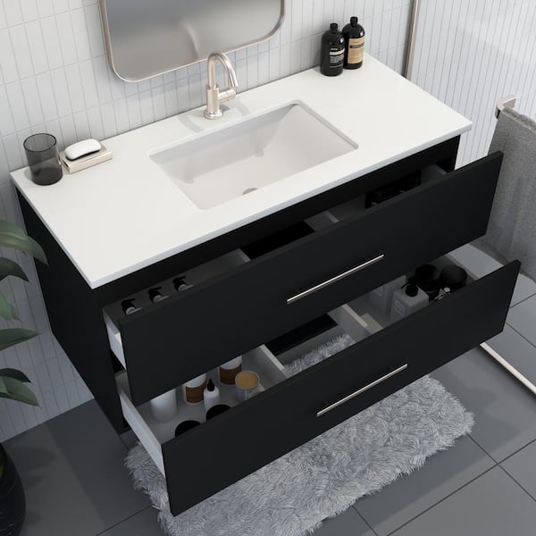 Napa 48" W x 22" D 21-3/8" H Single Sink Bathroom Vanity Wall Mounted in Matte Black with White Quartz Countertop